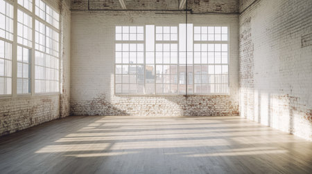 Empty loft-style room with wide parquet floors, whitewashed brick walls, and large industrial windows letting in soft daylight, highlighting the empty spaceの素材
