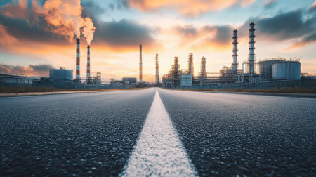 Empty road stretching toward modern industrial buildings, with tall chimneys and steel structures under a cloudy skyの素材