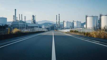 Empty road leading through an industrial park, with modern buildings and storage tanks visible in the distanceの素材