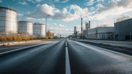 Empty road with large industrial buildings and storage tanks on either side, showcasing the scale of the industrial zoneの素材