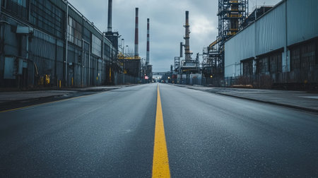 Empty road in an industrial district, surrounded by large factory buildings, warehouses, and steel structuresの素材