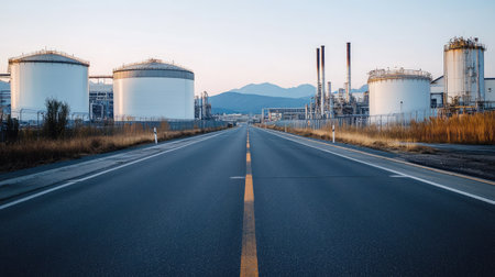 Empty road with large industrial buildings and storage tanks on either side, showcasing the scale of the industrial zoneの素材