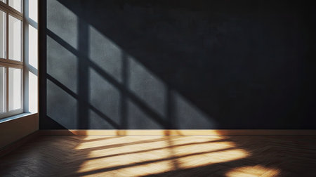 Empty room with a deep black wall, natural light parquet flooring, and a single spotlight from above, casting dramatic shadows on the wallの素材