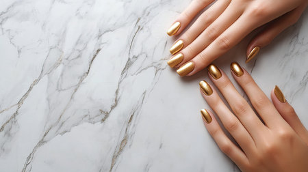 Female hands with golden nail polish resting on a marble surface, modern and sleek design, capturing a minimalist luxury vibeの素材