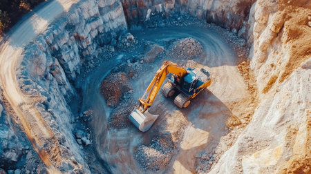 Excavator and truck working in a limestone quarry, moving large quantities of rock and dirt, showcasing mining and material supplyの素材