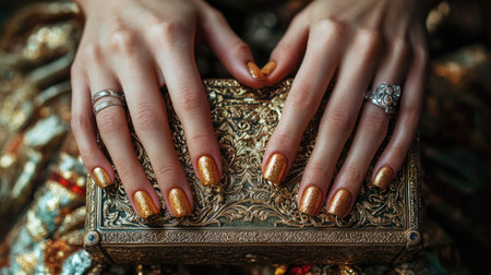 Female hands with golden nails holding an ornate jewelry box, soft focus on the hands and nails in an elegant, luxurious backgroundの素材