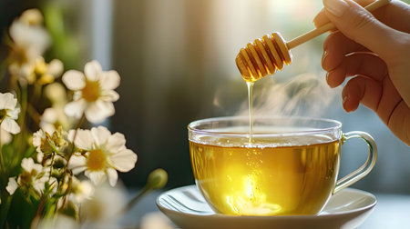 Female hand holding honey dipper above a steaming cup of green tea, with indoor flowers in soft focus, capturing the soothing and healthful combination of honey and tea,の素材