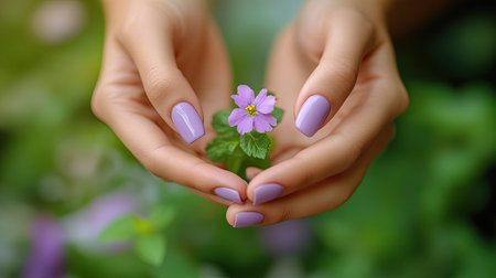 Feminine hands with purple nails gently holding a small flower, emphasizing the beauty of a summer manicure and vibrant floral elementsの素材
