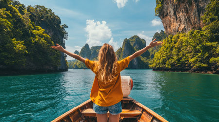 Female traveler standing on the front of a boat, with arms wide open, embracing the freedom and adventure of island hopping in Krabi, Andaman Seaの素材