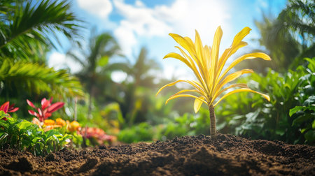 Focused image of a yellow palm seedling in a lush garden in Thailand, surrounded by vibrant green plants and flowers, under a sunny, tropical skyの素材