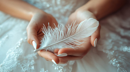 Festive French manicure on brideaes hands holding a white feather pen, elegant wedding signing ceremony with a classic designの素材