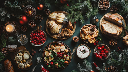 Flat lay of a festive holiday table setting with various Christmas foods, decorations, and seasonal tableware, creating a cheerful atmosphere.の素材