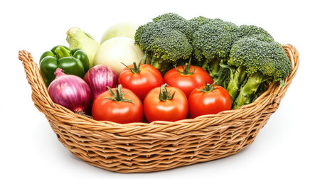 Fresh garden produce in a wicker basket: broccoli, onions, tomatoes, and peppers, arranged beautifully on a white background for a clean, vibrant lookの素材