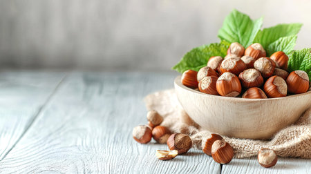 Fresh hazelnuts scattered on a light wooden table, symbolizing healthy eating and nutrition, part of a balanced diet conceptの素材