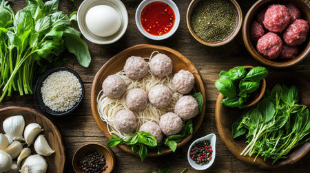 Fresh ingredients for bakso meatball soup laid out on a rustic wooden table, including raw meatballs, noodles, greens, and spices, ready to be cooked in a traditional Indonesian styleの素材