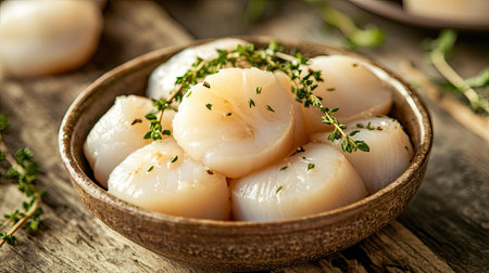 Fresh raw scallops in a rustic bowl with sprigs of thyme, set on a wooden table, showcasing their natural texture and freshness in a close-up view.の素材