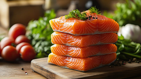 Fresh salmon fillets stacked neatly on a cutting board, with a background of fresh vegetables, herbs, and spices, ready for a healthy, home-cooked mealの素材