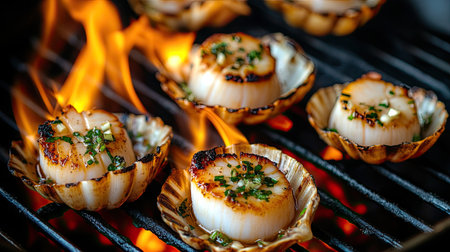 Fresh scallops in their shells, seasoned with garlic and herbs, placed on a hot grill with flames rising, ready for a delicious seafood barbecue.の素材