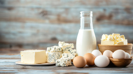 Fresh milk in a glass bottle, surrounded by homemade cheese, butter, and eggs on a bright kitchen table, conveying the importance of dairy in children's dietの素材