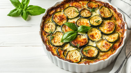 Freshly baked zucchini casserole with a smooth cream cheese sauce, served in a white dish on a white wooden background, highlighting the appeal of healthy vegetarian comfort food,の素材