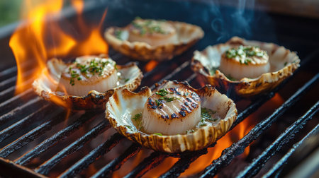 Fresh scallops in their shells, seasoned with garlic and herbs, placed on a hot grill with flames rising, ready for a delicious seafood barbecue.の素材