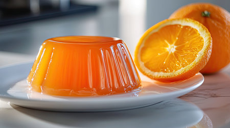 Glossy orange jelly on a white plate with a decorative orange slice, placed on a marble countertop, highlighting the dessert's smooth texture and vibrant colorの素材