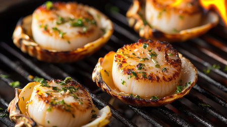 Grilled scallops in shells with a golden-brown crust, sprinkled with fresh herbs and lemon zest, sizzling on a hot grill for a mouth-watering seafood dish.の素材