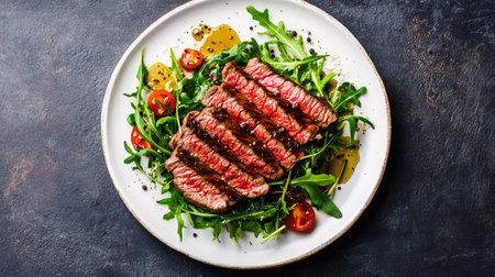 Grilled beef steak served with a fresh arugula and Parmesan salad, a drizzle of olive oil, and a sprinkling of cracked black pepperの素材