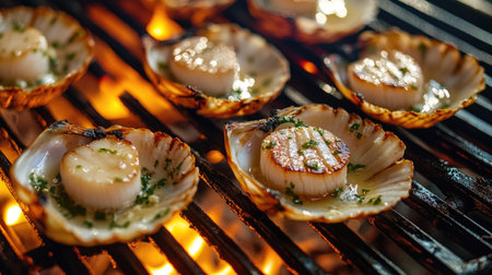 Fresh scallops being cooked in their shells on a grill, with garlic butter and herbs, flames flickering beneath for a tasty seafood preparation.の素材