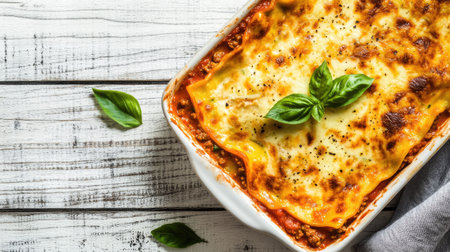 Freshly baked zucchini lasagna in a ceramic dish with bolognese sauce, sitting on a rustic white wooden surface, golden and crispy cheese topping, top viewの素材