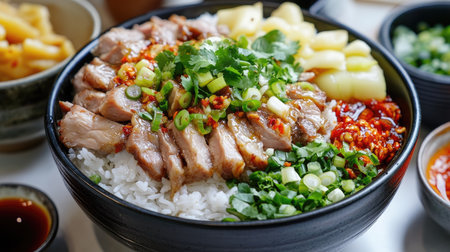 Freshly prepared homemade boiled rice with pork in a large bowl, topped with sliced ginger, green onions, and cilantro, with side dishes of pickles and chili oilの素材