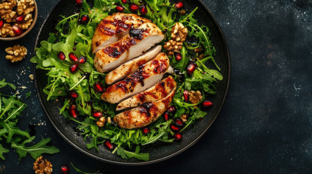 Grilled chicken breast on a bed of fresh salad with walnuts and pomegranate, with a drizzle of balsamic sauce, served on a dark background. A top view for food loversの素材