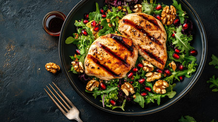 Grilled chicken breast fillet served with a colorful mix salad topped with walnuts, pomegranate seeds, and balsamic glaze on a dark background with a fork. Healthy eating conceptの素材