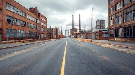 Empty asphalt road with industrial buildings in the background, showing warehouses, smokestacks, and steel structuresの素材
