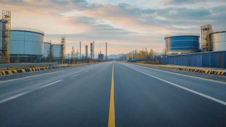 Empty road with large industrial buildings and storage tanks on either side, showcasing the scale of the industrial zoneの素材