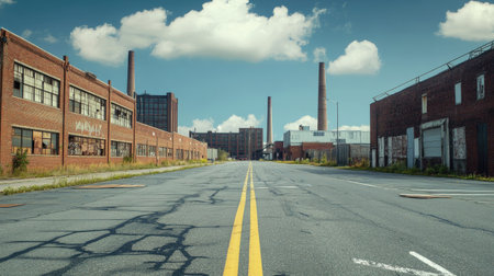 Empty asphalt road with industrial buildings in the background, showing warehouses, smokestacks, and steel structuresの素材