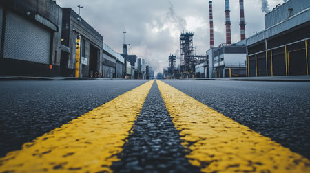 Empty asphalt road with industrial buildings in the background, showing warehouses, smokestacks, and steel structuresの素材