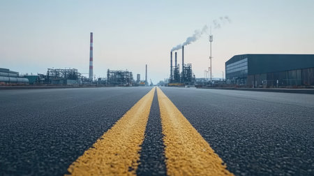 Empty asphalt road with industrial buildings in the background, showing warehouses, smokestacks, and steel structuresの素材