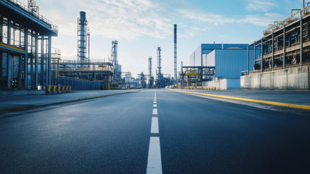 Empty road in an industrial district, surrounded by large factory buildings, warehouses, and steel structuresの素材