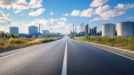 Empty road leading through an industrial park, with modern buildings and storage tanks visible in the distanceの素材