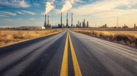 Empty road leading to a refinery complex, with industrial buildings and smokestacks visible in the distanceの素材