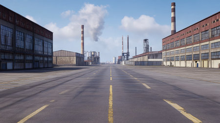 Empty asphalt road with industrial buildings in the background, showing warehouses, smokestacks, and steel structuresの素材