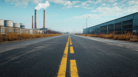 Empty asphalt road with industrial buildings in the background, showing warehouses, smokestacks, and steel structuresの素材