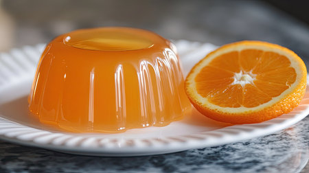 Glossy orange jelly on a white plate with a decorative orange slice, placed on a marble countertop, highlighting the dessert's smooth texture and vibrant colorの素材