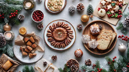 Flat lay of a festive holiday table setting with various Christmas foods, decorations, and seasonal tableware, creating a cheerful atmosphere.の素材
