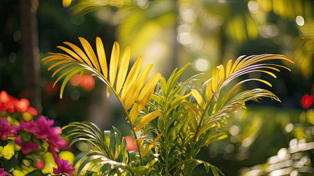 Focused shot of a bushy yellow palm seedling in a sunny Thai garden, with green foliage and colorful flowers in the background, highlighting a tropical settingの素材
