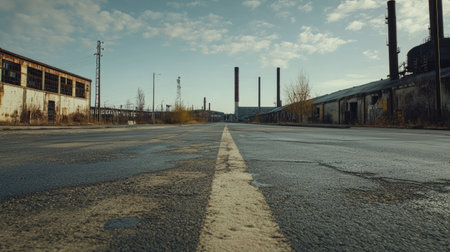 Empty asphalt road with industrial buildings in the background, showing warehouses, smokestacks, and steel structuresの素材