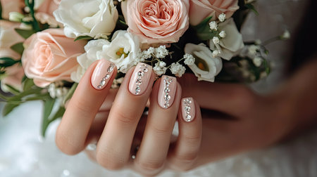 Festive French manicure with delicate rhinestone accents on the nails, close-up of brideaes hands holding a bridal bouquetの素材