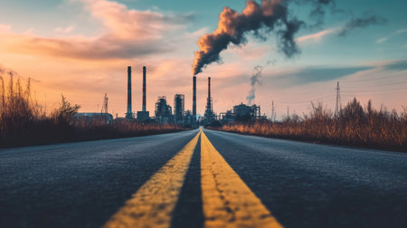 Empty road with a backdrop of industrial factories and smokestacks, capturing the essence of an industrial landscapeの素材