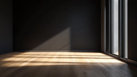 Empty room with a modern black wall and a natural light oak floor, with no furniture, and a sliver of natural light illuminating the space softlyの素材